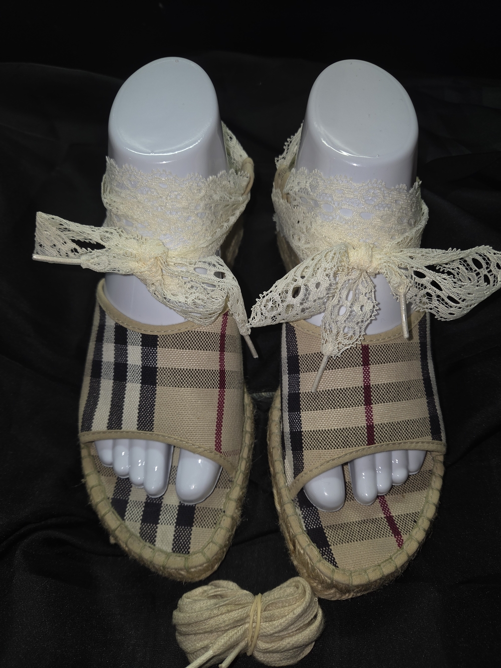 Burberry Beige Plaid Lace-Up Espadrille Sandals